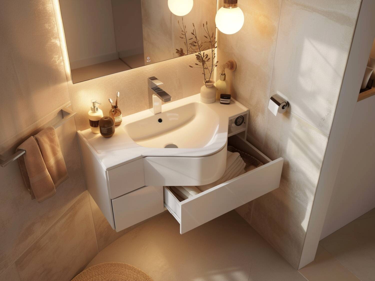 10 inspiracji na urządzenie łazienki z wykorzystaniem mebli wielofunkcyjnych.