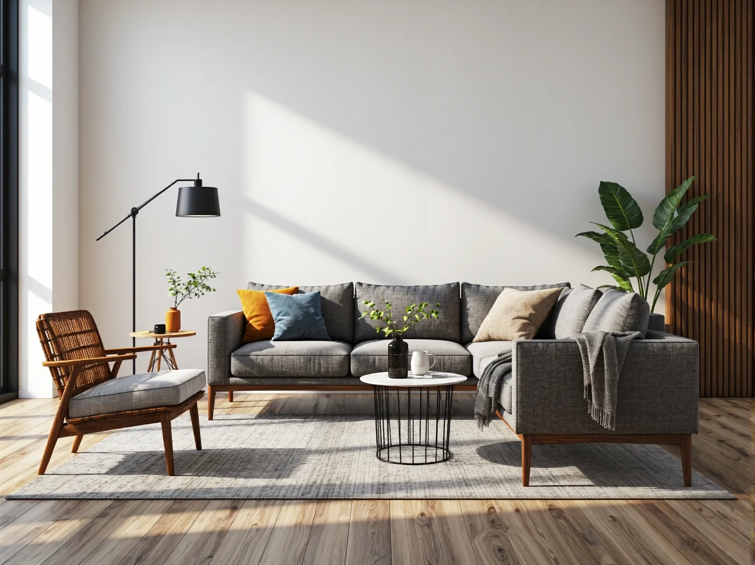 Pastelowy narożnik w jasnym salonie z miękkimi tekstyliami