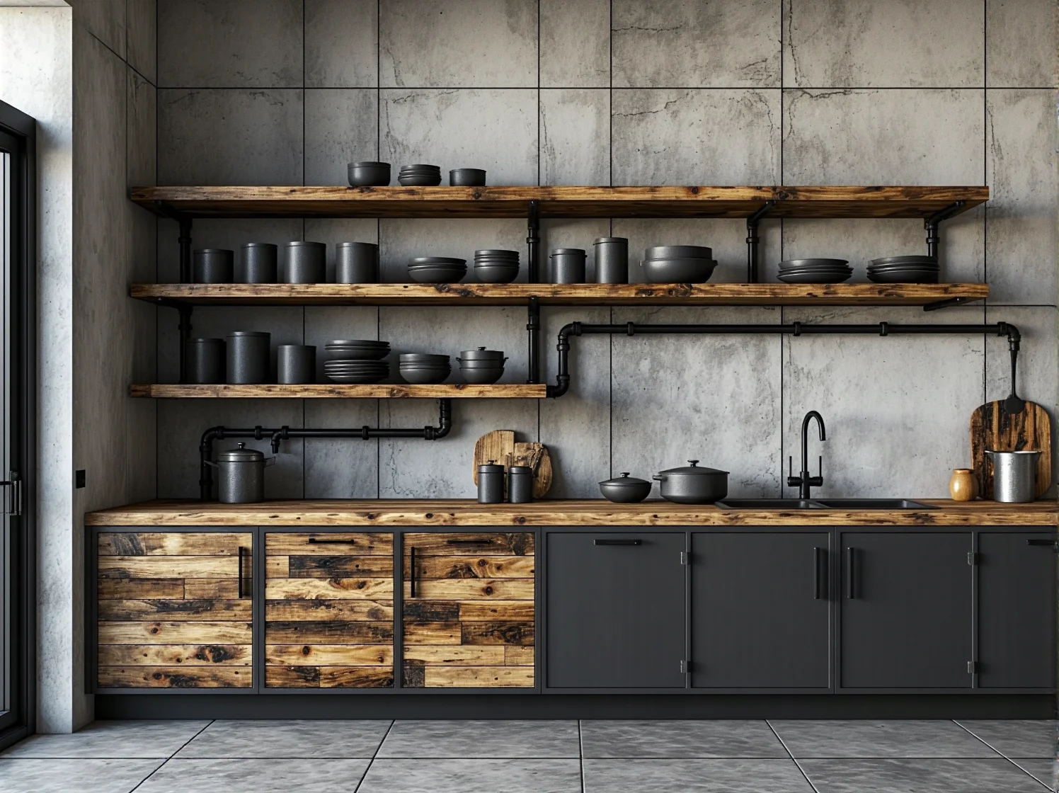 Betonowe akcenty i czarne matowe szafki w industrialnej aranżacji kuchni.