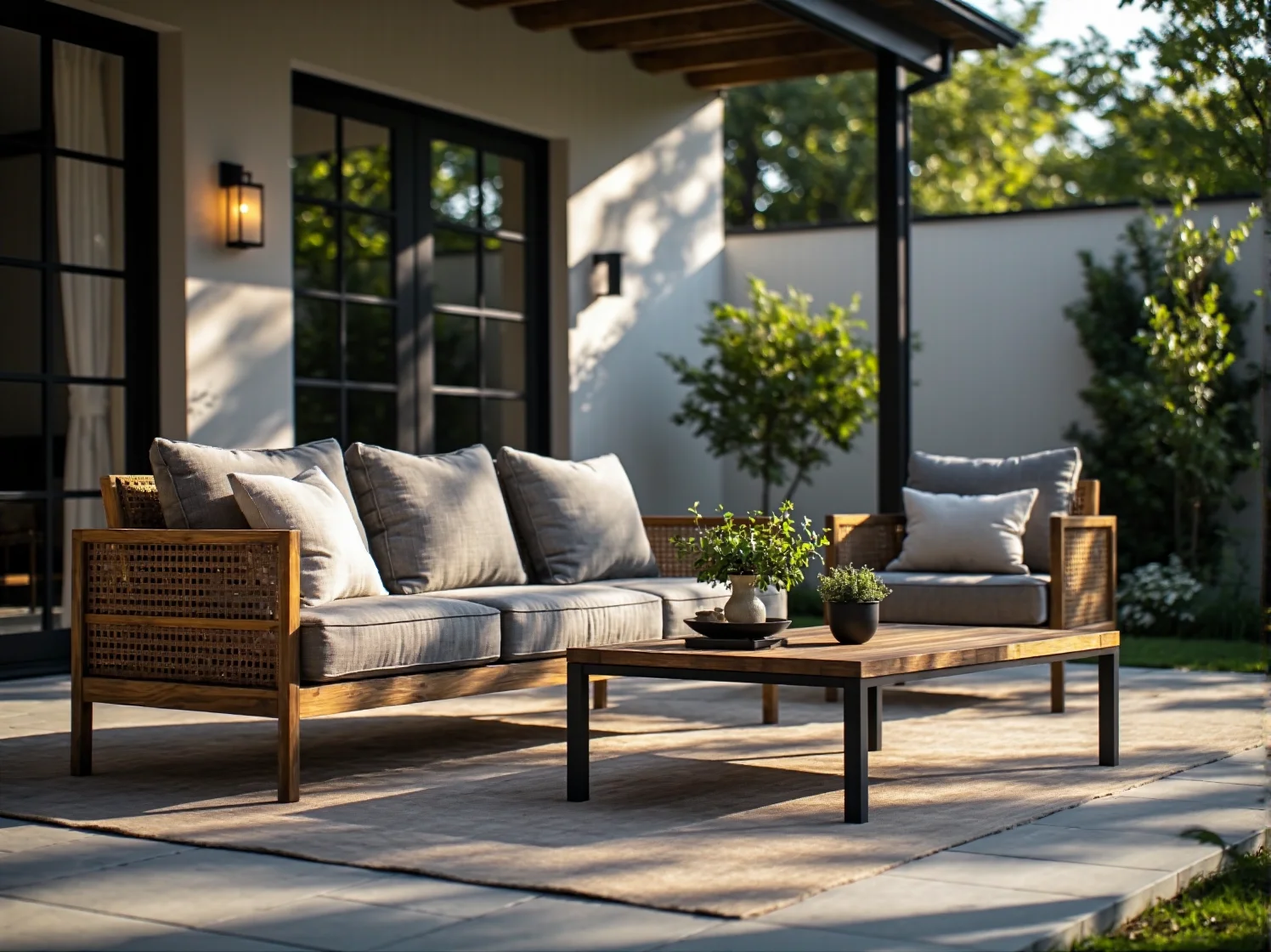 Ciepłe oświetlenie ogrodowe tworzące oazę relaksu wokół drewnianej pergoli.