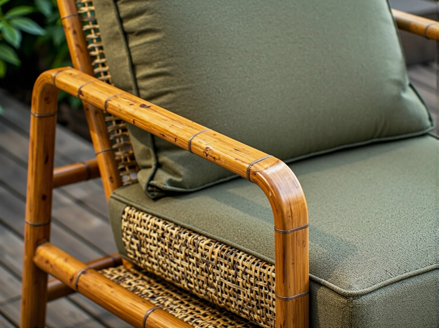 Trwały fotel outdoorowy wykonany z naturalnego bambusa.
