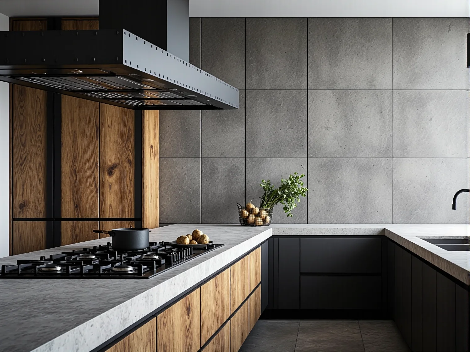 Stylowa kuchnia loft: miedziane dodatki, cegła i betonowy blat roboczy.