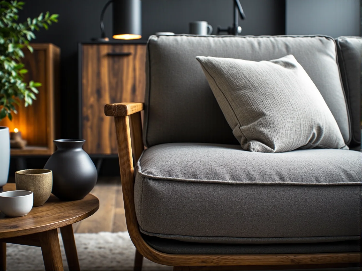 Ciepła barwa światła lampy wiszącej oświetlająca blat roboczy w kuchni.