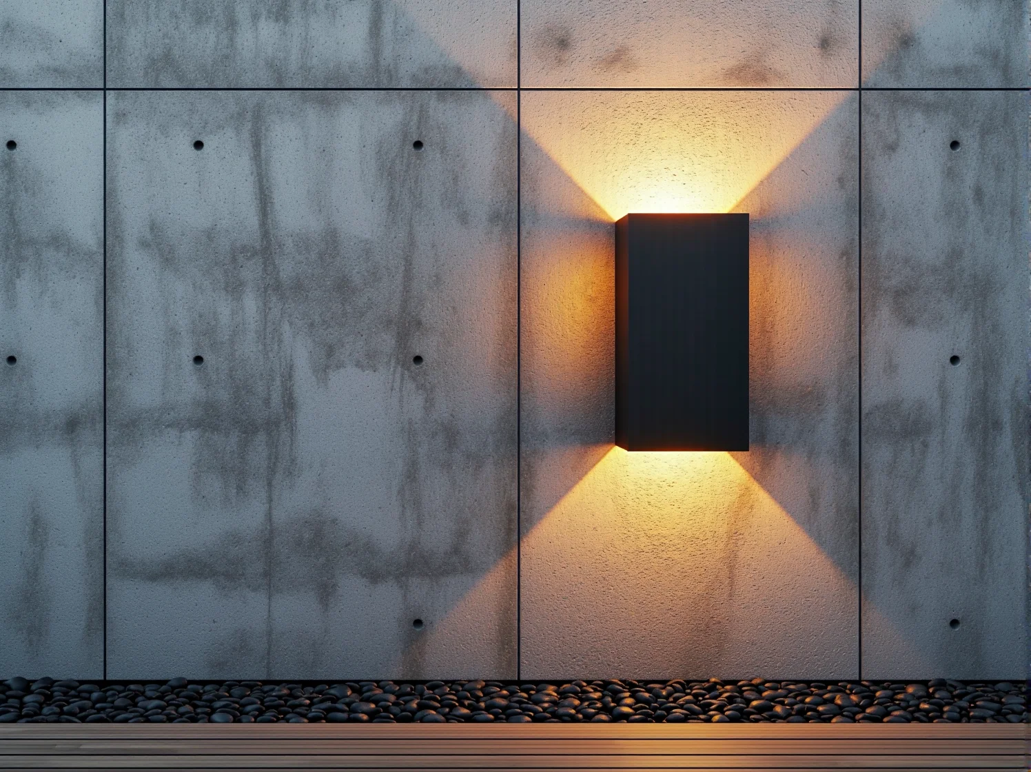 Minimalistyczne kinkiety zewnętrzne zamontowane na szarej elewacji z betonu.