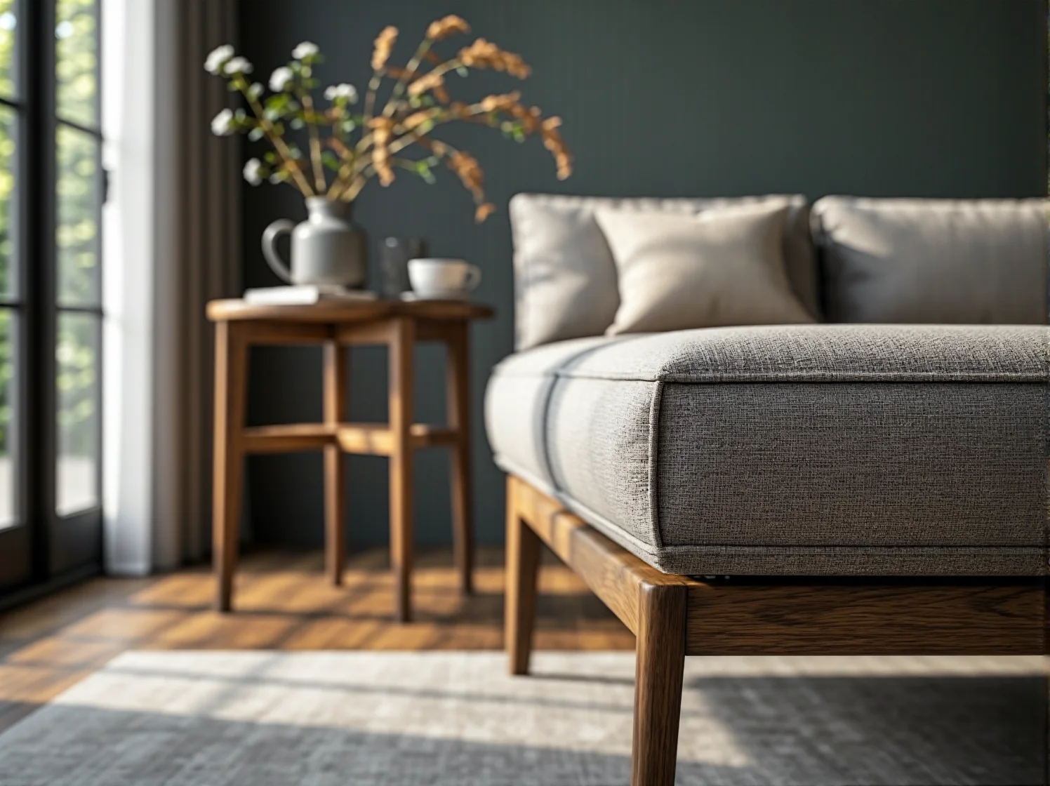 Minimalistyczne wnętrze kuchni skandynawskiej z funkcjonalną wyspą i roślinami.