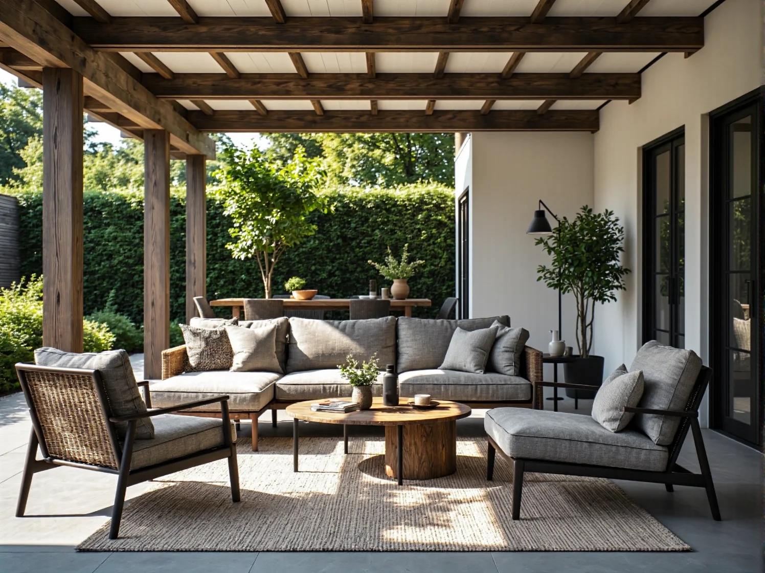 Mosiężne lampy wiszące podkreślające urok drewna pod kolonialną pergolą.