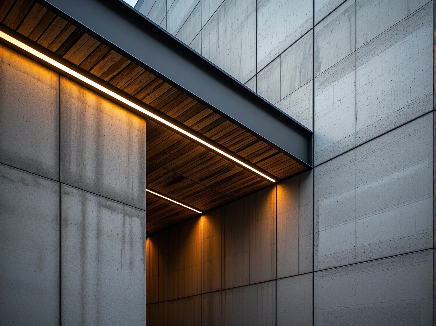 Symetryczne oświetlenie elewacji nowoczesnego domu z betonu architektonicznego.