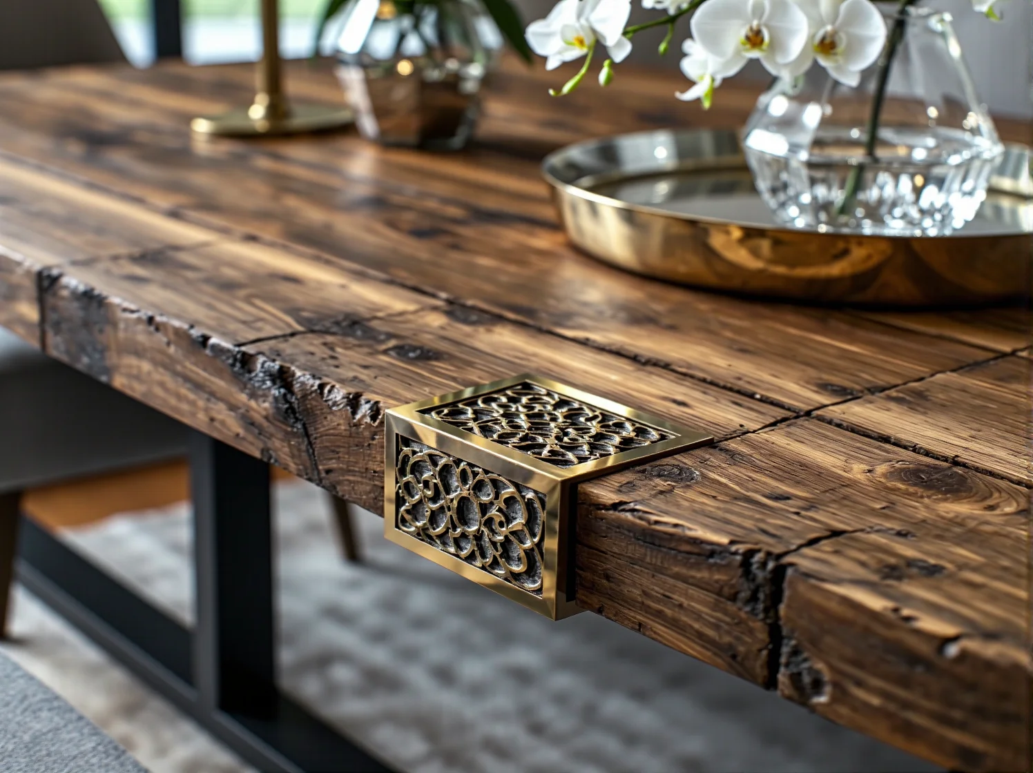 Odnowiony drewniany stół z eleganckimi złotymi dodatkami.