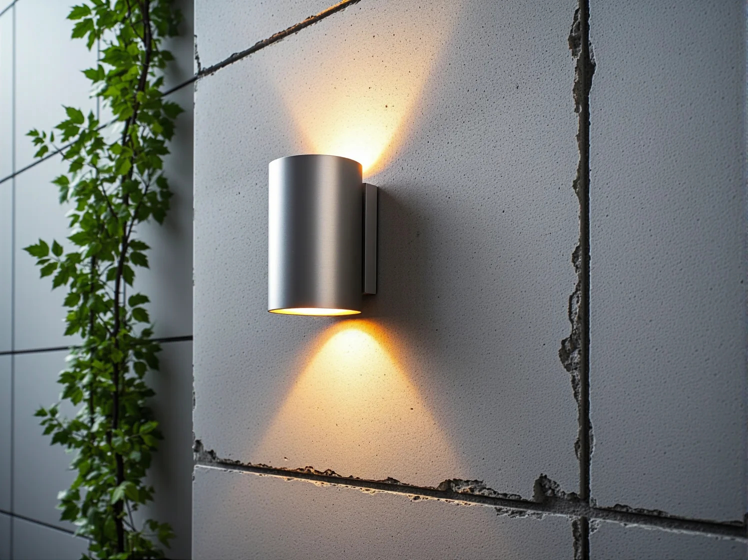 Ciepła barwa światła lampy zewnętrznej podkreślająca fakturę betonu architektonicznego.