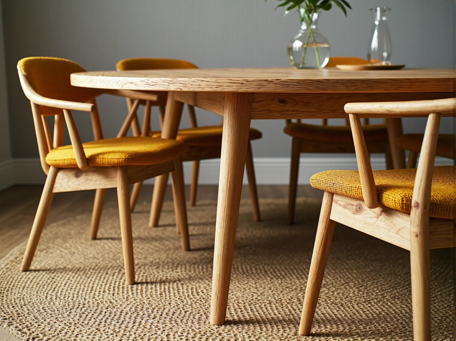 Prostokątny stół skandynawski z naturalnego drewna w jasnym i przestronnym wnętrzu