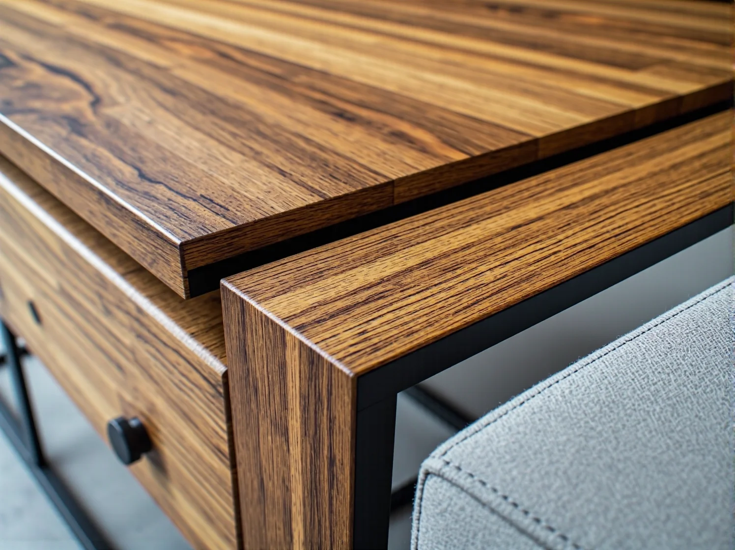 Designerski stolik kawowy z ukrytym ładowaniem i metalowymi akcentami.