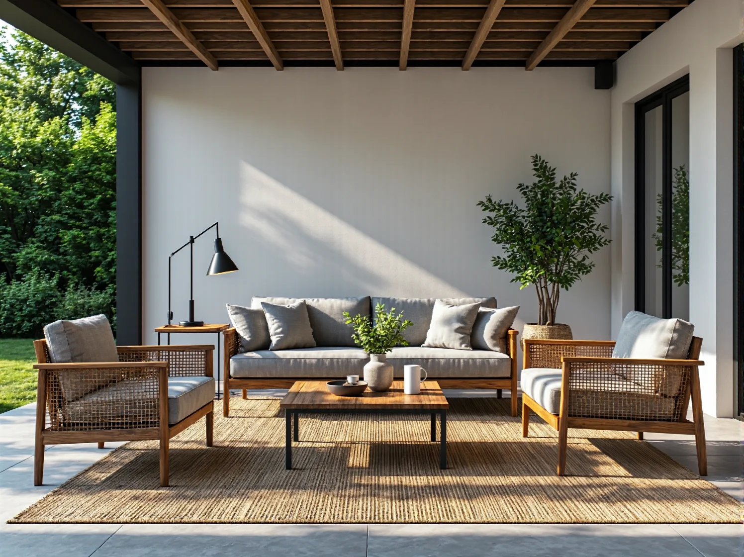 Stylowe kinkiety zewnętrzne i szlachetne materiały w ogrodzie kolonialnym.