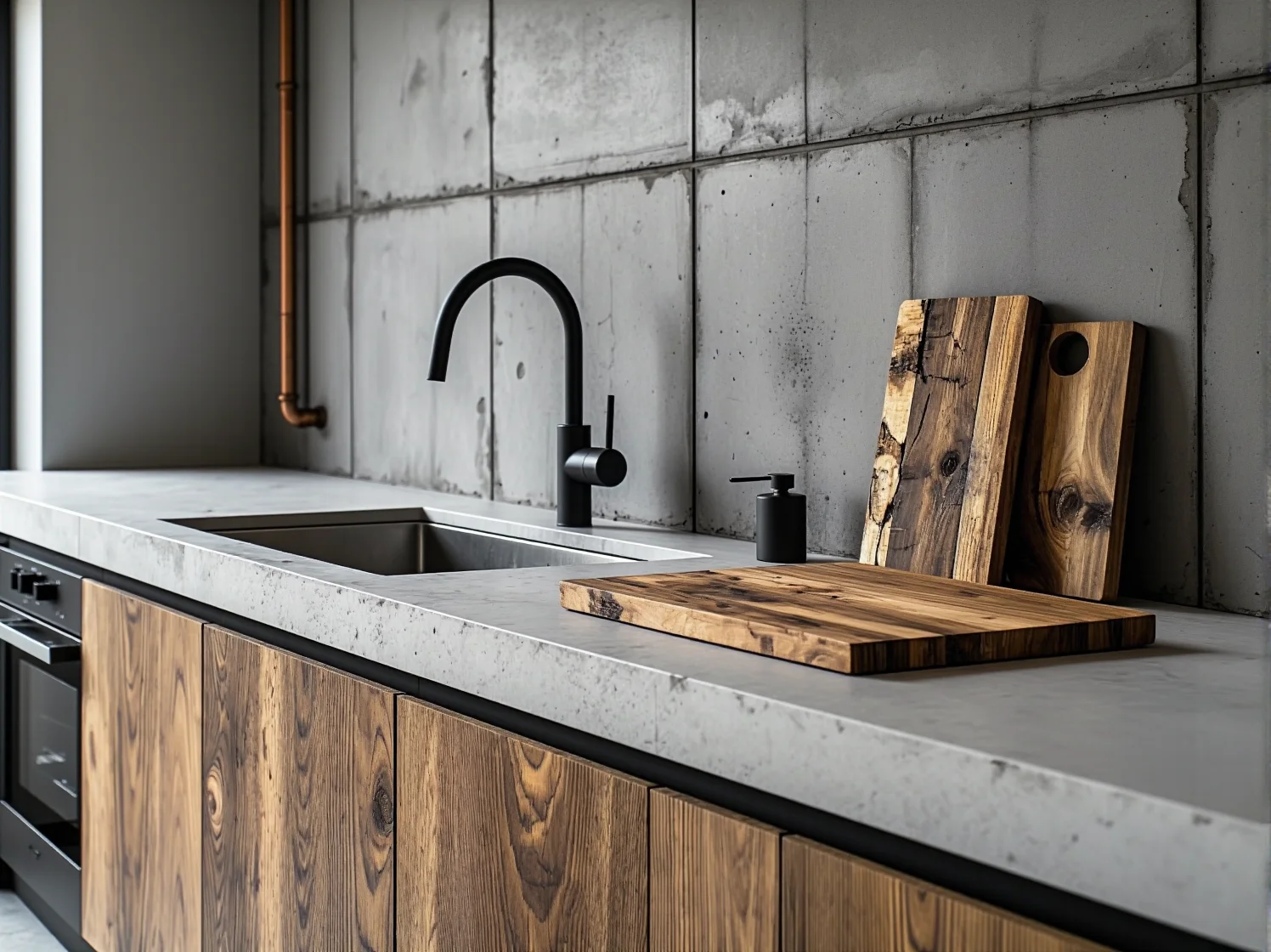 Surowy design w kuchni loftowej: ściana z surowego betonu i drewniane półki.