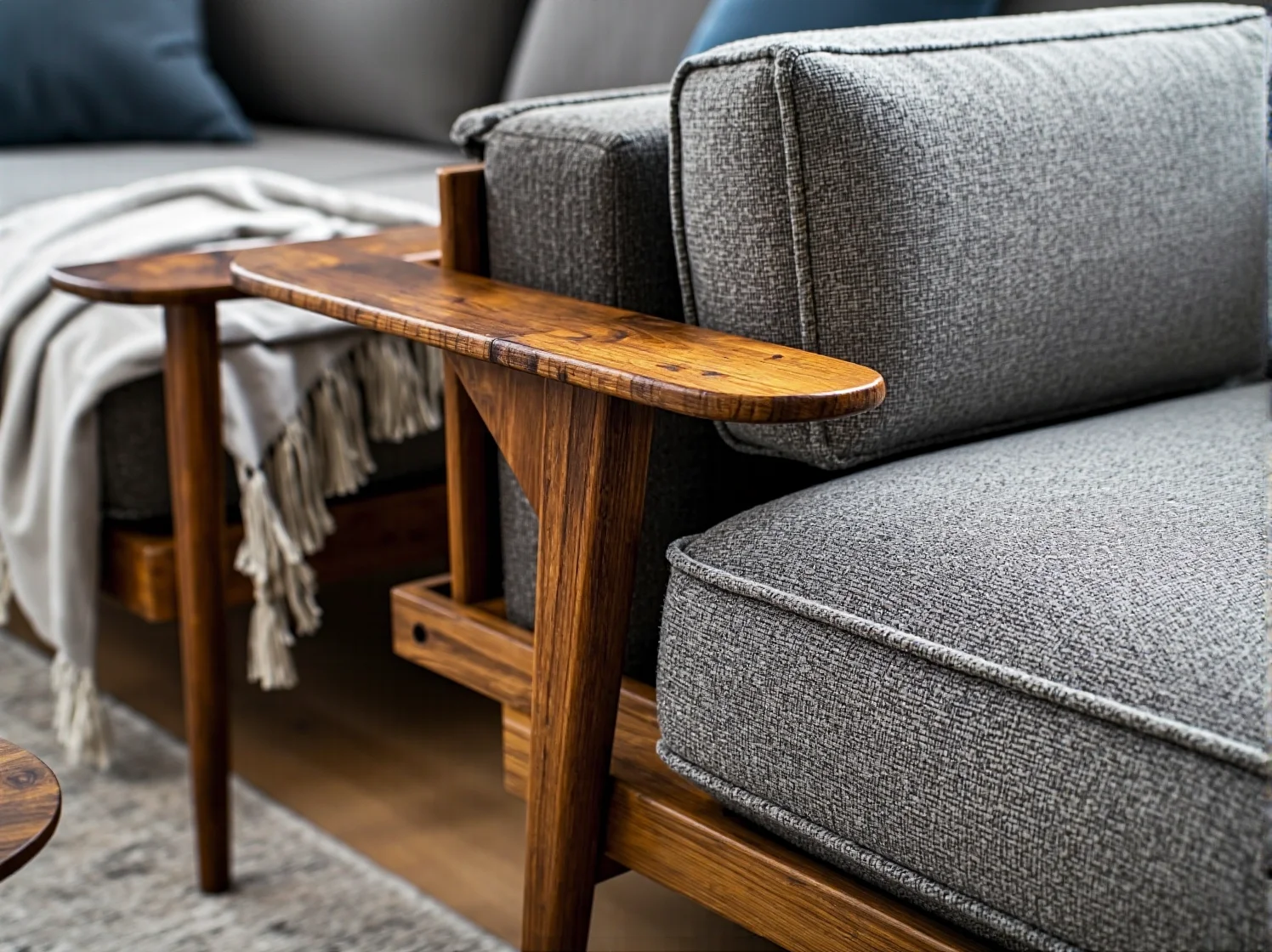 Wiszące półki i wielofunkcyjne meble retro ułatwiające przechowywanie w małym wnętrzu.